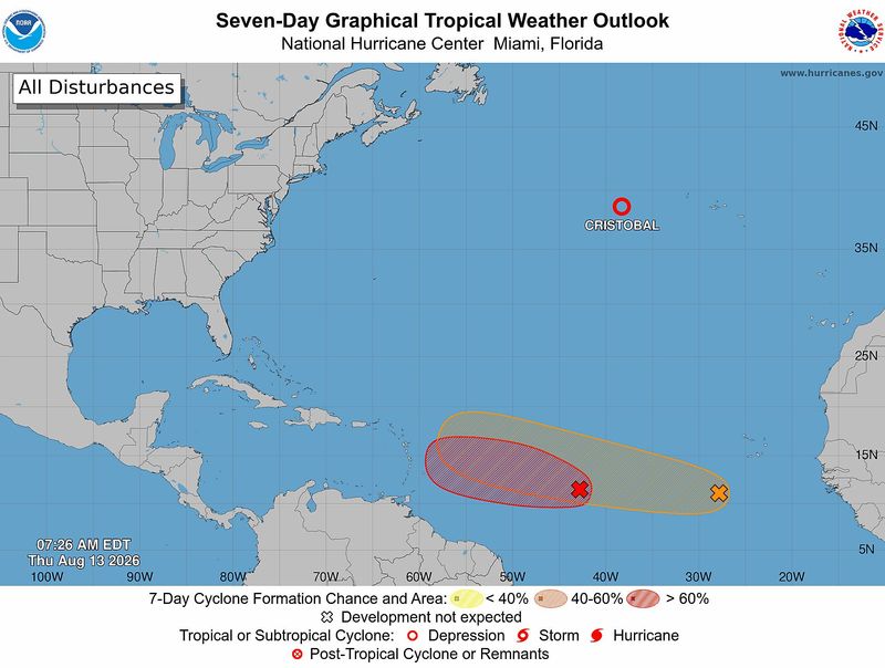 Tropical conditions 8 a.m. Aug. 13, 2026.