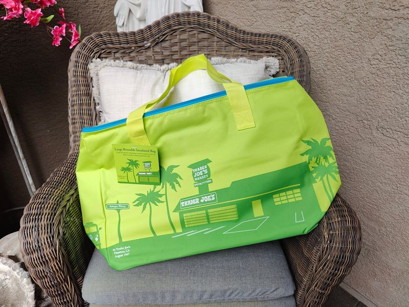 Trader Joe's lime green large reusable insulated bag is seen on display at the Shayden Summit mall in Reno on Aug. 13, 2026.