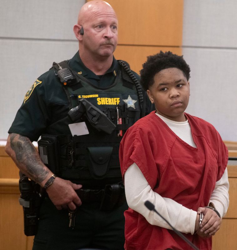 Sunshine James appears before Circuit Court Judge Amy Brodersen to be sentenced on a second-degree murder charge for killing Christopher Moore, her mother's fiancé. James received 40 years in state prison for the 2023 killing of Moore.