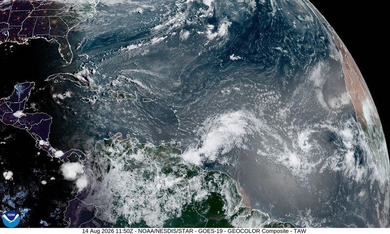 Satellite imagery of Invest 92L and Invest 94L in the Atlantic Ocean, Friday, Aug. 14, 2026.