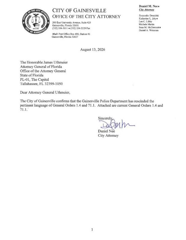 In an August 13, 2026 letter, Gainesville attorney Daniel Nee sent a letter to Florida Attorney General James Uthmeier, confirming its police department had rescinded the "pertinent language" from a gender identity search policy.