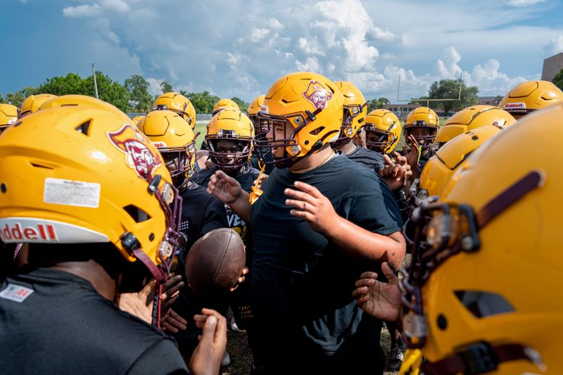 Glades Central players huddle up before practice in Belle Glade, Florida, on August,13, 2026.