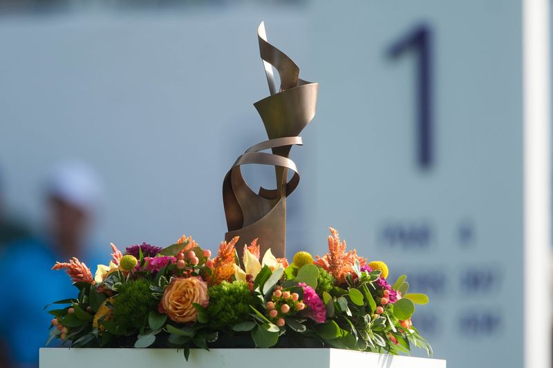The trophy is seen by the first tee box during the first round of the FedEx St. Jude Championship at TPC Southwind in Memphis, Tenn., on August 13, 2026.