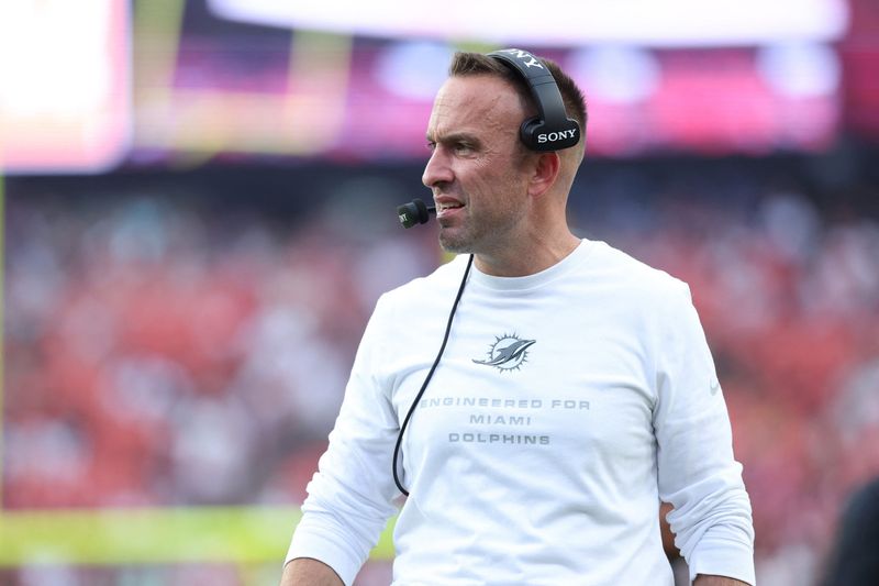 Aug 14, 2026; Landover, Maryland, USA; Miami Dolphins head coach Jeff Hafley looks on from the sidelines during the first half against the Washington Commanders at Northwest Stadium. Mandatory Credit: Amber Searls-Imagn Images