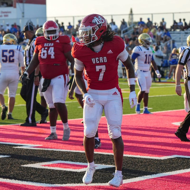 Vero Beach’s Jayden Lockhart (7) celebrates his touchdown in the school’s kickoff classic against Cardinal Newman, Aug. 14, 2026, at the Citrus Bowl.