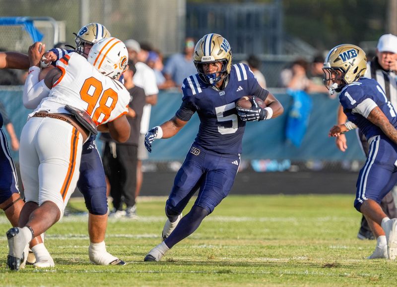 West Boca running back Terriel Harmon (5) rushes against Carol City during the first quarter on Aug. 14, 2026, in Boca Raton, FL.