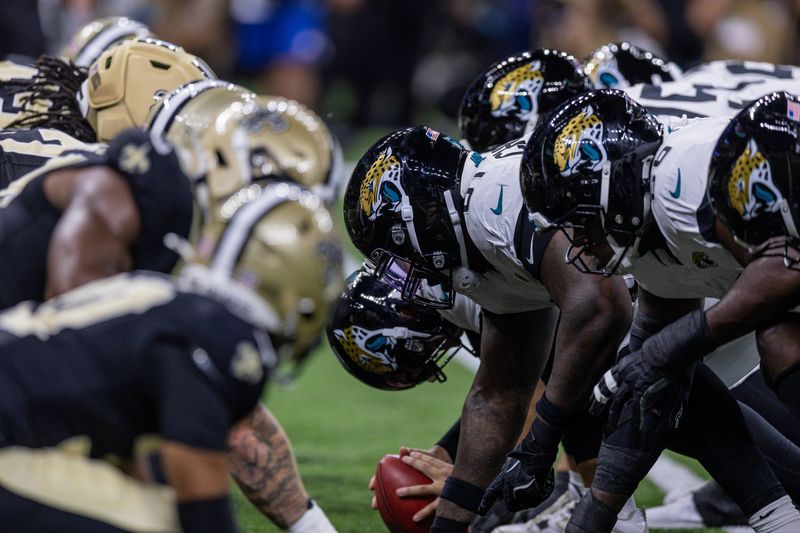 Aug 15, 2026; New Orleans, Louisiana, USA;  Jacksonville Jaguars lines up against the New Orleans Saints during the first half at Caesars Superdome. Mandatory Credit: Stephen Lew-Imagn Images