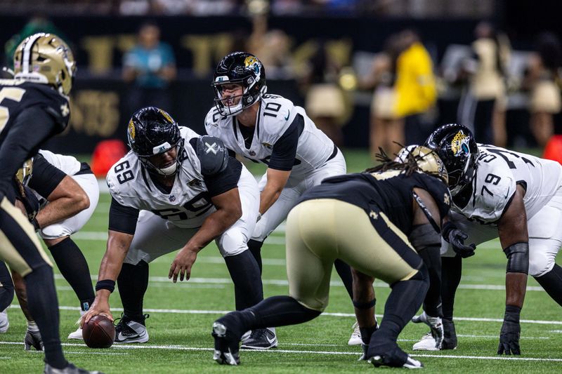 Aug 15, 2026; New Orleans, Louisiana, USA;  Jacksonville Jaguars quarterback Carter Bradley (10) against New Orleans Saints during the second half at Caesars Superdome. Mandatory Credit: Stephen Lew-Imagn Images