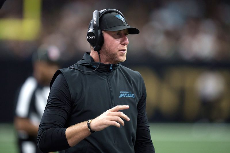 Aug 15, 2026; New Orleans, Louisiana, USA; Jacksonville Jaguars head coach Liam Coen reacts during the fourth quarter against the New Orleans Saints at Caesars Superdome. Mandatory Credit: Matthew Hinton-Imagn Images