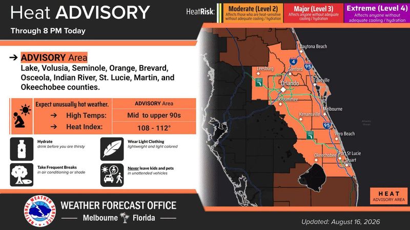 This National Weather Service Facebook post shows a heat advisory in place for most of East Central Florida on Aug. 16, 2026.