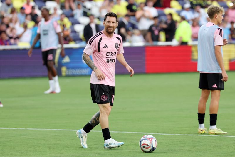 Aug 15, 2026; Nashville, Tennessee, USA; Inter Miami CF forward Lionel Messi (10) warms up before their game against Nashville SC at Geodis Park. Mandatory Credit: Alan Poizner-Imagn Images