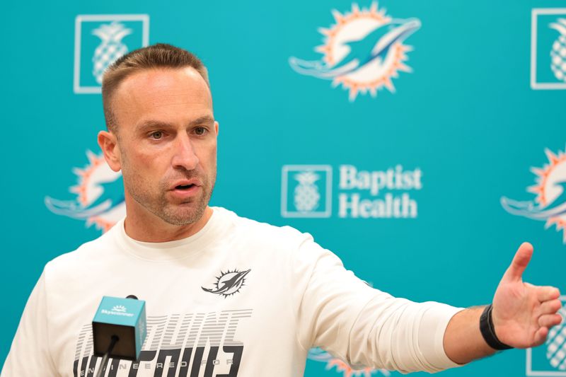 Aug 20, 2026; Miami Gardens, FL, USA; Miami Dolphins head coach Jeff Hafley speaks to reporters before practice at Baptist Health Training Complex. Mandatory Credit: Sam Navarro-Imagn Images