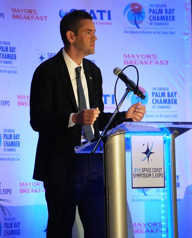 Administrator of NASA Jared Isaacman. The 8th Space Coast Symposium & Expo, hosted by the Greater Palm Bay Chamber of Commerce was held Aug.21 at the Radisson Resort at the Port in Cape Canaveral. The event included leaders in aerospace, manufacturing, defense, technology, and science. The final speaker of the day was NASA Administrator Jared Isaacman, who was joined by Congressman Mike Haridopolos for a fireside chat.