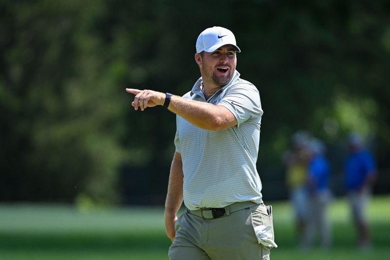Aug 21, 2026; Saint Louis, Missouri, USA; Chris Gotterup reacts after seeing he missed a hole in one by a few inches on the sixth hole during the second round of the BMW Championship golf tournament. Mandatory Credit: Jeff Curry-Imagn Images