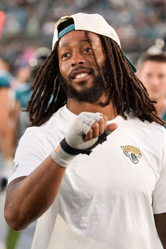 Jacksonville Jaguars wide receiver Jakobi Meyers (3) gives his teammates some love while wearing a brace on his right wrist during the first half against the Carolina Panthers at EverBank Stadium in the second preseason game on Friday night, August 21, 2026 in Jacksonville, Fla. [Doug Engle/Florida Times-Union]