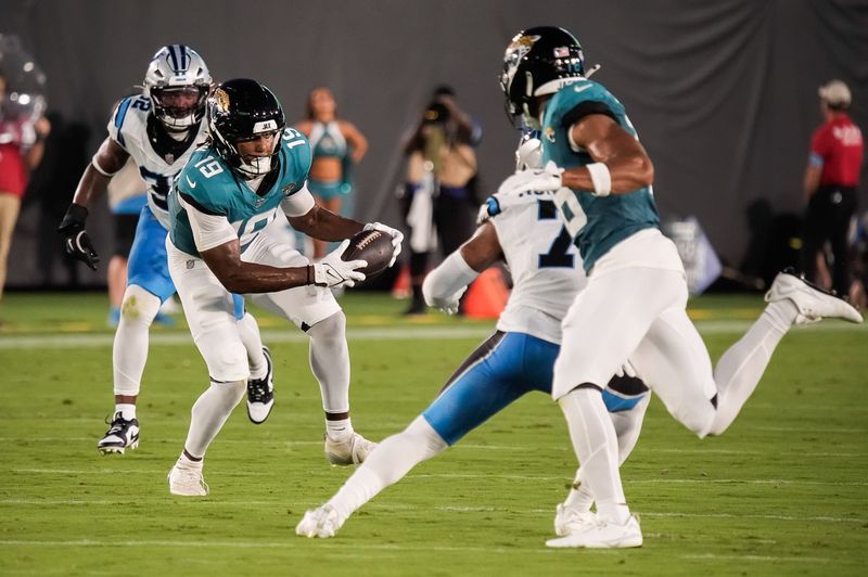 Jacksonville Jaguars wide receiver Josh Cameron (19) hauls in a pass in the first quarter at EverBank Stadium in the second preseason game on Friday night, August 21, 2026 in Jacksonville, Fla. [Doug Engle/Florida Times-Union]
