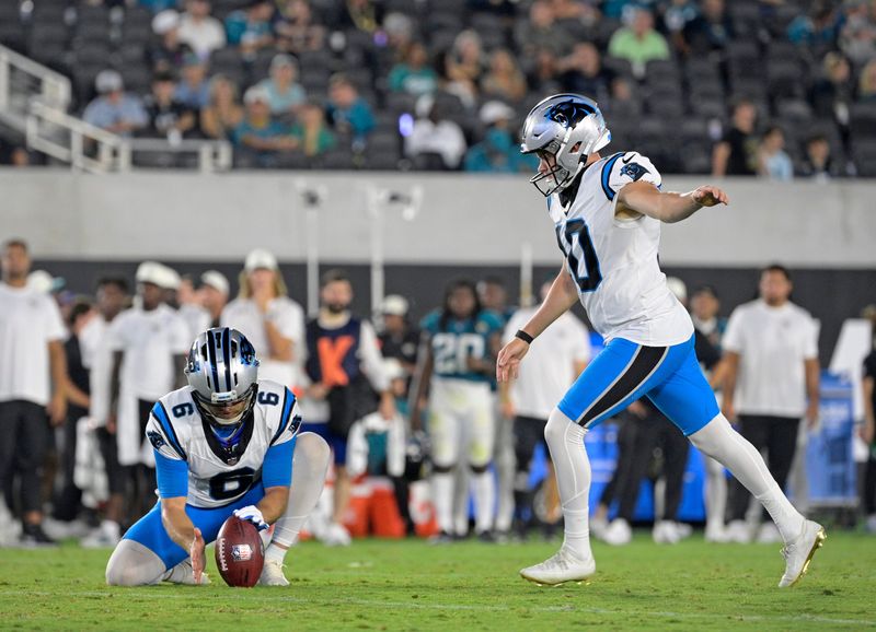 Aug 21, 2026; Jacksonville, Florida, USA;  Carolina Panthers kicker Ryan Fitzgerald attempts an extra point during the third quarter against the Jacksonville Jaguars at EverBank Stadium.  Mandatory Credit: Melina Myers-Imagn Images