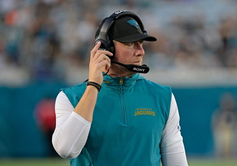 Aug 21, 2026; Jacksonville, Florida, USA;  Jacksonville Jaguars head coach Liam Coen during the first quarter of the preseason game against the Carolina Panthers at EverBank Stadium.  Mandatory Credit: Melina Myers-Imagn Images