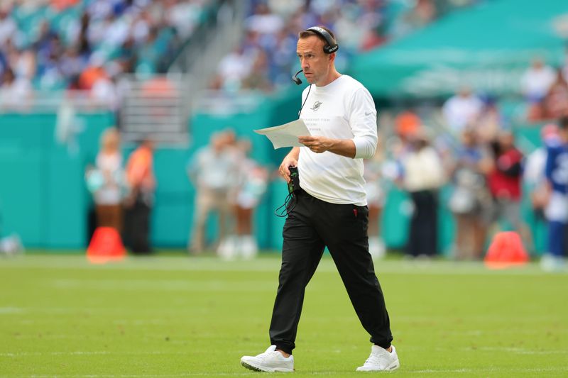 Aug 22, 2026; Miami Gardens, Florida, USA; Miami Dolphins head coach Jeff Hafley looks on from the field against the New York Giants during the first half at Hard Rock Stadium. Mandatory Credit: Sam Navarro-Imagn Images