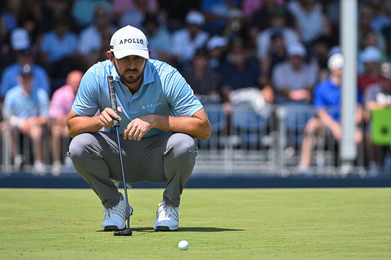Aug 22, 2026; Saint Louis, Missouri, USA; Patrick Cantlay lines up his putt on the seventh green during the third round of the BMW Championship golf tournament. Mandatory Credit: Jeff Curry-Imagn Images