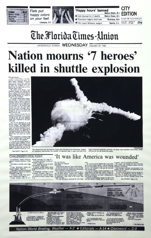 The Florida Times-Union reports on the Challenger Disaster in its Wednesday, Jan. 29, 1986 edition.