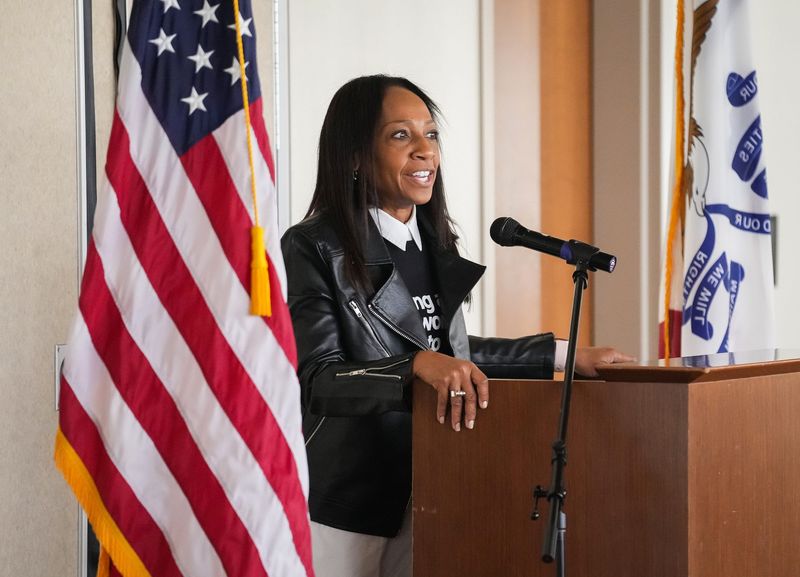 Maj. Lillie Parker, then Lillie Miller, of the Des Moines Police Department speaks during the Women Without Limits Leadership Conference on Thursday, Oct. 20, 2022, at the Fred Maytag II Scout Center in Des Moines.