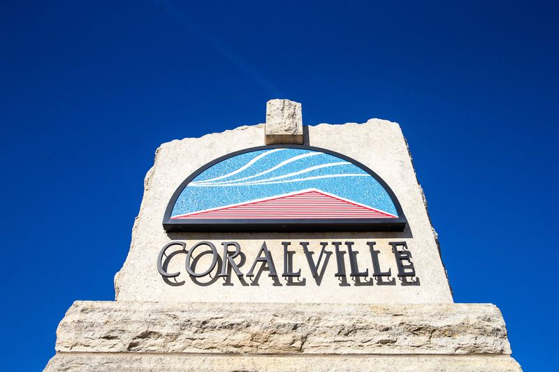A logo for the city of Coralville is seen, Monday, Nov. 21, 2022, in Coralville, Iowa.