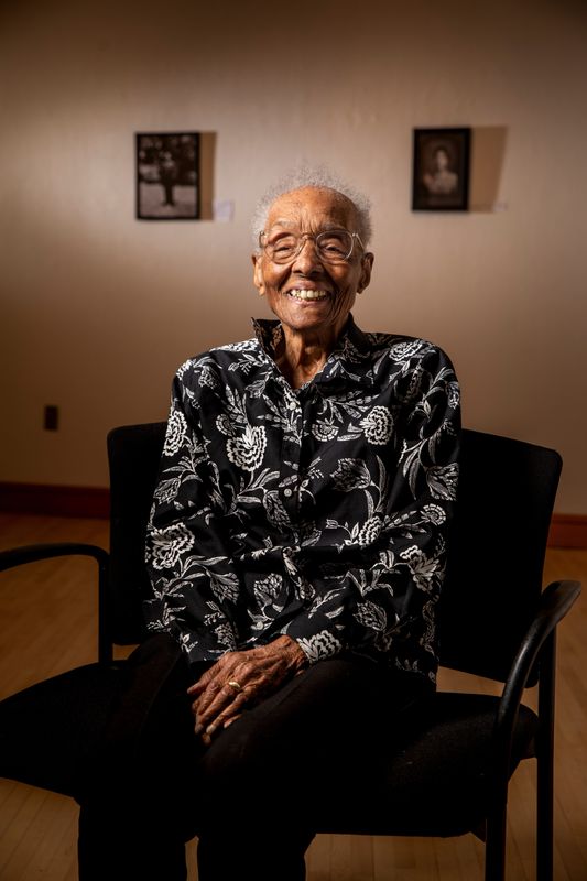 Edith Renfrow Smith, the first Black woman to graduate from Grinnell, sits in the newly rededicated Smith Gallery in the JRC on Oct. 29, 2021. At the time of the photo she was 107 and the oldest living alum. She graduated from Grinnell College in 1937.