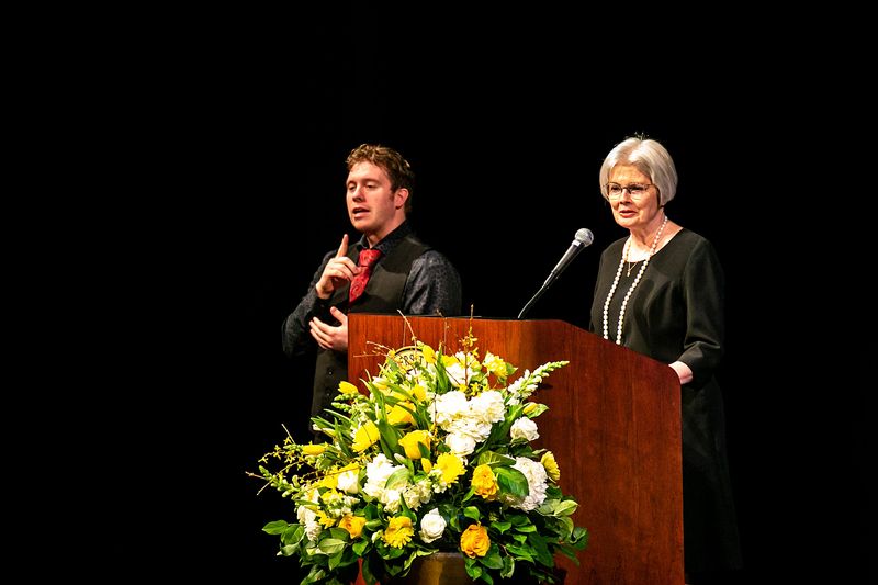 Lynette Marshall, president and CEO of University of Iowa Center for Advancement, speaks during a celebration of life event for former University of Iowa president Willard "Sandy" Boyd, Friday, April 7, 2023, at Hancher Auditorium in Iowa City, Iowa.