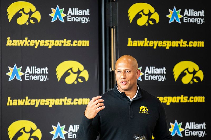 Iowa special teams coordinator LeVar Woods speaks with reporters at a spring football news conference, Thursday, April 20, 2023, at the Hansen Football Performance Center in Iowa City, Iowa.