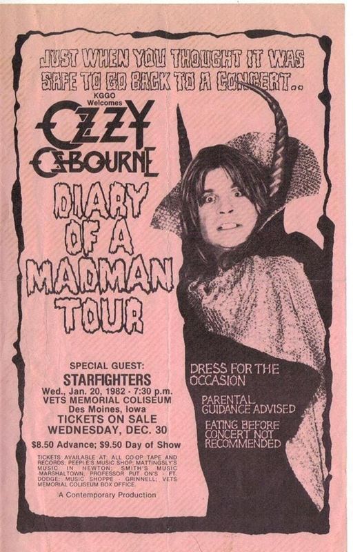 A handbill used to promote the Jan. 20, 1982 Ozzy Osbourne show in Des Moines, Iowa. During the performance, Osbourne infamously bit the head off a bat.