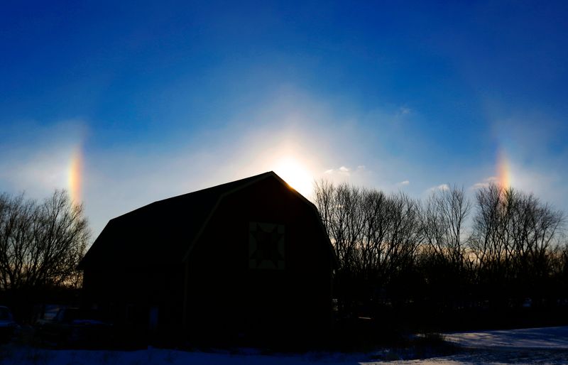 Sun Dogs mark the horizon as the sun rises behind a barn in Grimes on Friday morning, January 17, 2014. Sun dogs are a weather phenomena that can appear on frigid winter mornings.  It happens when the sunlight passes through ice crystals. The best time to see them is sunrise or sunset.