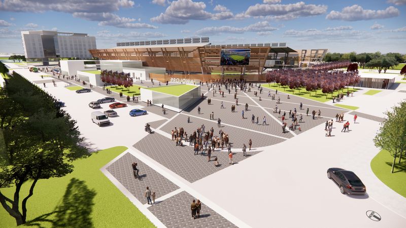 Pro Iowa and Krause+ plan an 8,000-seat soccer stadium and adjoining pedestrian plaza on a former Superfund site just southwest of downtown Des Moines.