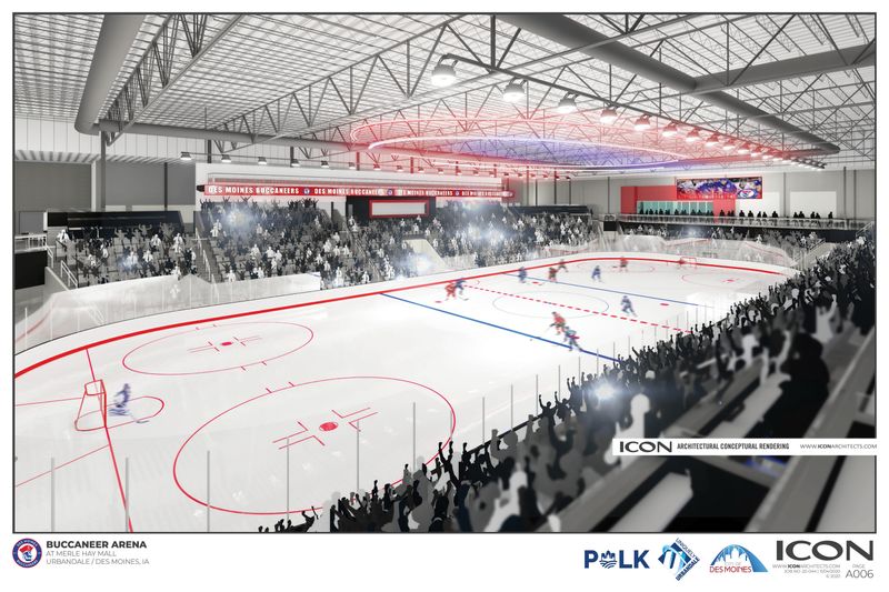 A rendering shows the planned Buccaneers Arena at Merle Hay Mall.