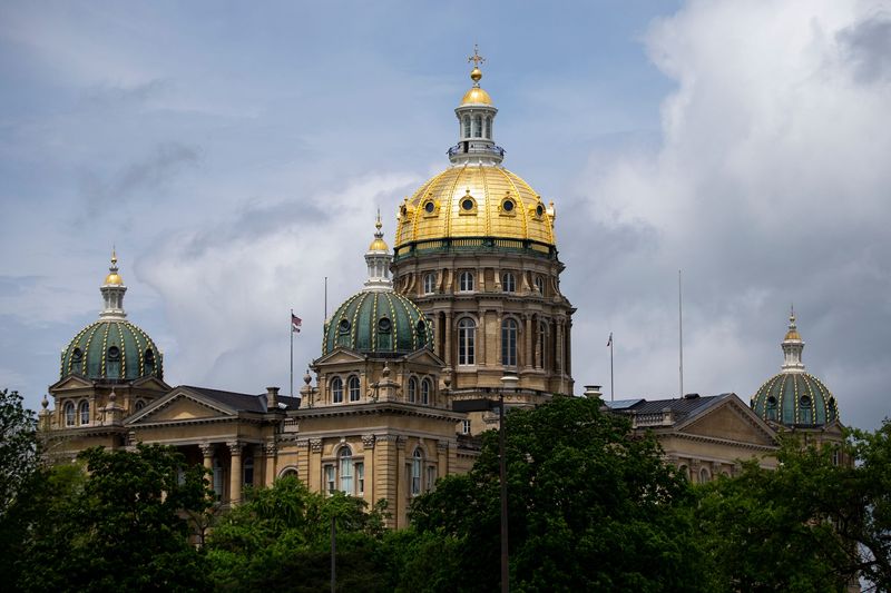 Sunlight shines on the gold dome of the Iowa State Capitol on Wednesday, May 19, 2021, in Des Moines.