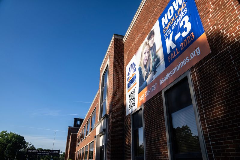 Outside the Horizon Science Academy on Thursday morning, Aug. 17, 2023, the first day of kindergarten at the new Des Moines charter school.