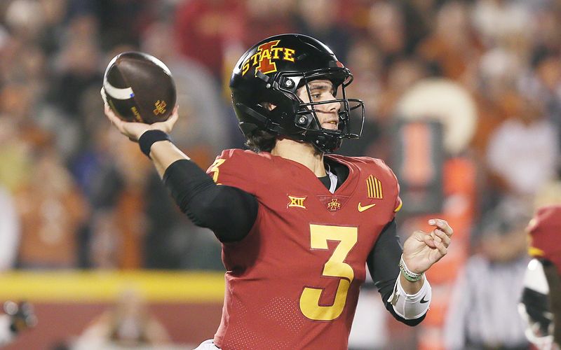 Iowa State Cyclones' quarterback Rocco Becht (3) throws the a pass against Texas during the first quarter in the Big-12 football showdown at Jack Trice Stadium on Saturday, Nov. 18, 2023, in Ames, Iowa
