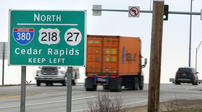 An I-380 sign pointing north stands near the interstate Thursday, Jan. 4, 2024 near Cedar Rapids, Iowa.