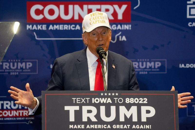 Former President Donald Trump speaks during a campaign event ahead of the Iowa Caucus on Sunday, Jan. 14, 2024, at Simpson College in Indianola.