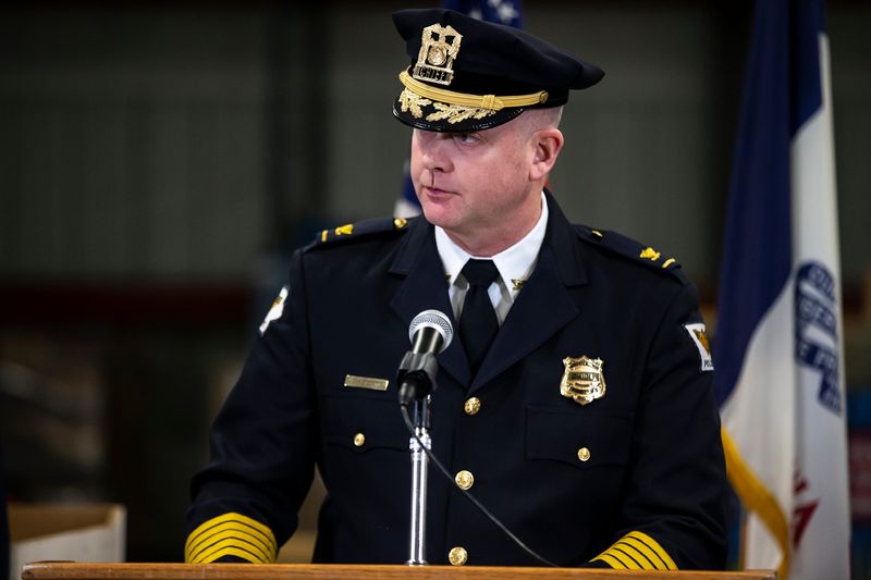 West Des Moines Police Department Chief Chris Scott, speaks to the crowd during a news conference to announce the details of Iowa's donation of 146 protective helmets and 714 ballistic vests to sister state Cherkasy, Ukraine, on Wednesday, March 30, at Camp Dodge, in Johnston.