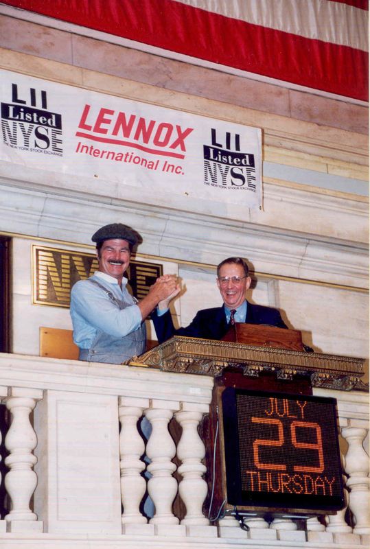 The late Lennox CEO John W. Norris (right) with the iconic character Dave (Attaboy Dave!) Lennox at the opening bell of the New York Stock Exchange when the company first became publicly traded in 1998.
