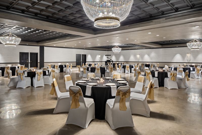 The ballroom at the Highlander Hotel in Iowa City, Iowa, pictured after renovations in 2023.