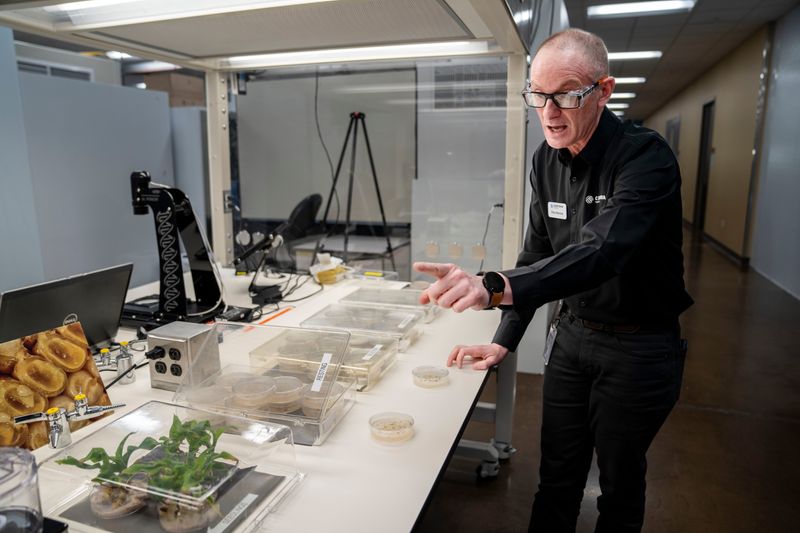 Piero Barone discusses gene editing during a tour of the Franklin Research Center at Corteva in Johnston, Thursday, April 11, 2024.