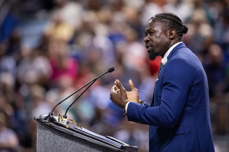 Des Moines Public Schools Superintendent Ian Roberts speaks during the graduation ceremony for Roosevelt High School on Saturday, May 25, 2024, at Drake's Knapp Center.