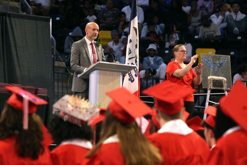Iowa City Community School District Superintendent Matt Degner speaks to the Iowa City City High graduating class Sunday, June 2, 2024 at Xtream Arena in Coralville, Iowa.