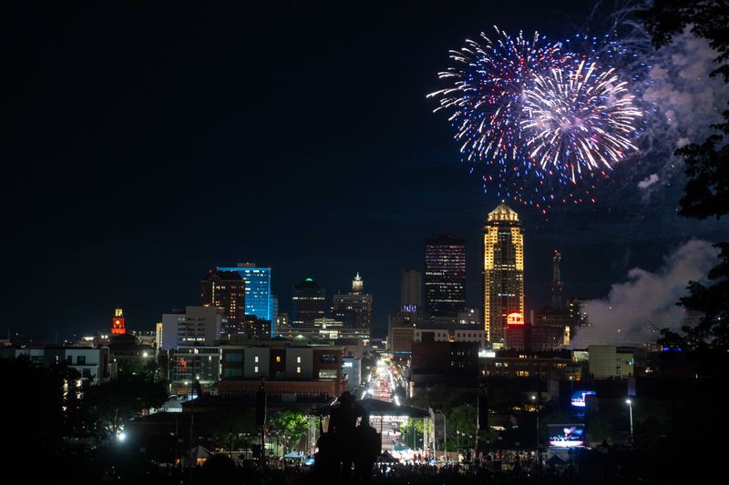 Fireworks fly over downtown Des Moines during the 2024 Yankee Doodle Pops on Wednesday, July 3, 2024, at the state capitol grounds.