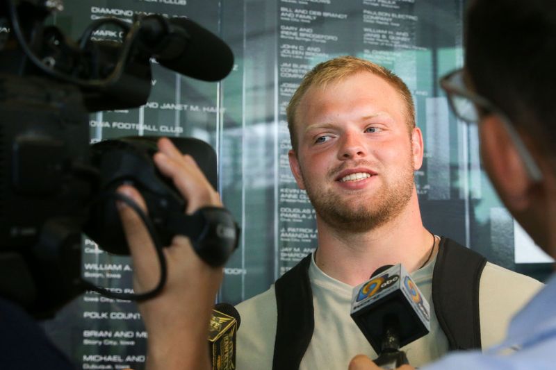 Iowa’s offensive lineman Logan Jones talks to the media Tuesday, July 16, 2024 in Iowa City, Iowa.