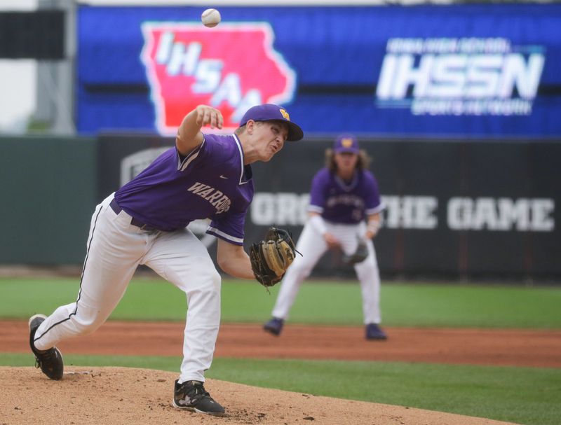 Waukee’s Grant Sorensen, 3, pitches against Iowa City City High in the quarterfinals of the Iowa high school state baseball tournament Wednesday, July 24, 2024 at Veterans Memorial Stadium in Cedar Rapids, Iowa.
