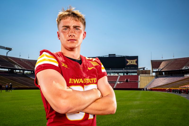 Kyle Konrardy stands for a photo during Iowa State Football media day at Jack Trice Stadium in Ames, Friday, Aug. 2, 2024.
