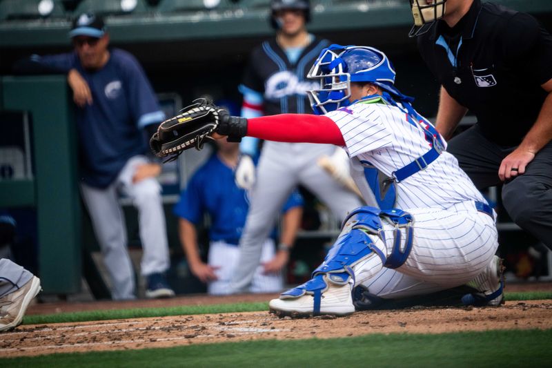 Iowa Cubs catcher Moises Ballesteros catches a pitch on Thursday, Aug. 15, 2024, at Principal Park.